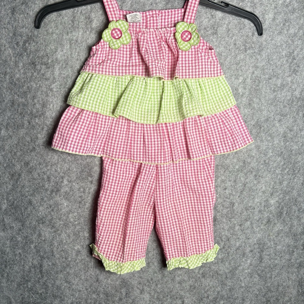 VTG Fisher Price Gingham 2 Piece Smocked Shirt And Pants Girls Sz 18 Mo‎
